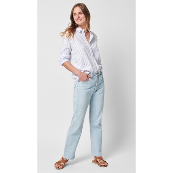 Faherty Tops - Faherty Malibu Linen Button Up Shirt Women's Small White Blue Stripe Long Sleeve